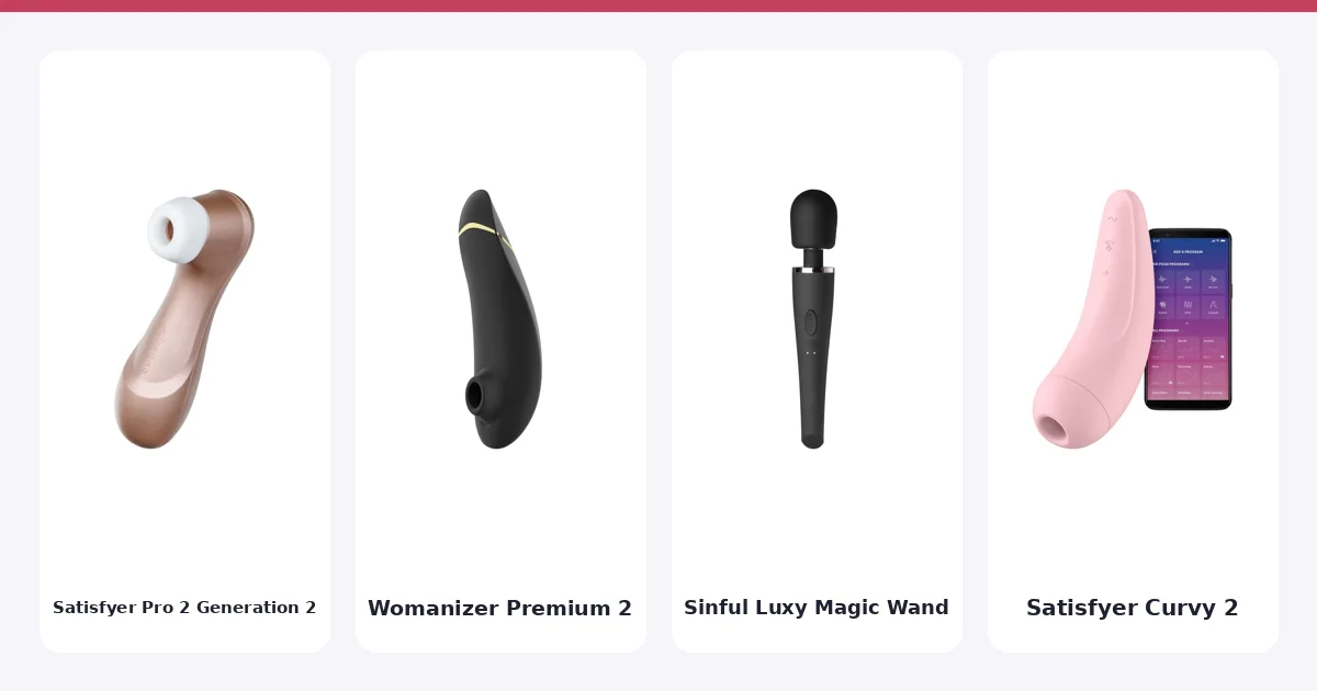 Fire vibratorer fra rangeringen side om side: Satisfyer Pro 2 Generation 2, Womanizer Premium 2, Sinful Luxy Magic Wand og Satisfyer Curvy 2
